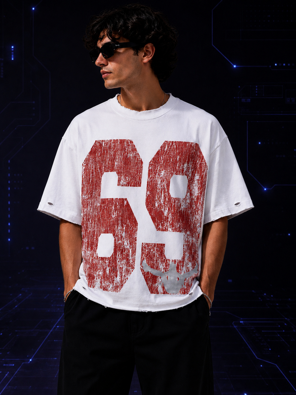 Always Present 69 Distressed Tee — White/Red