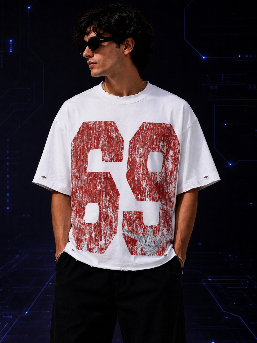 Always Present 69 Distressed Tee — White/Red