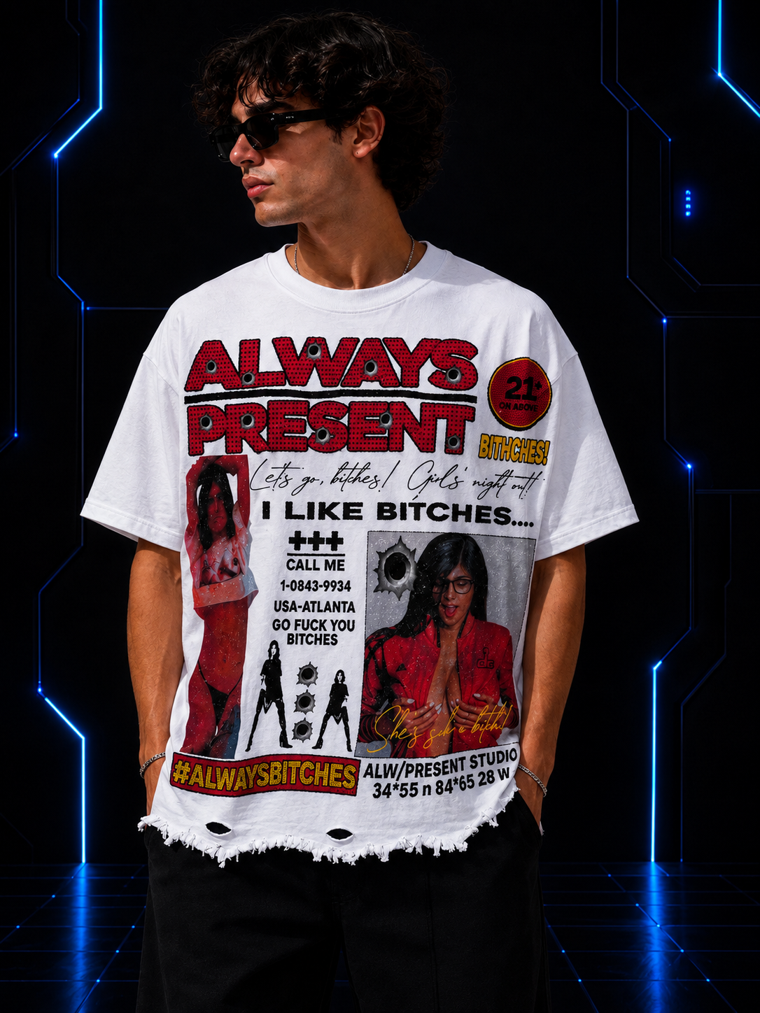 Always Present “Bitches” Distressed Tee – White