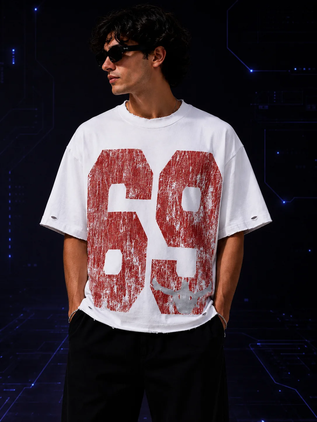 69 Distressed Tee — White/Red