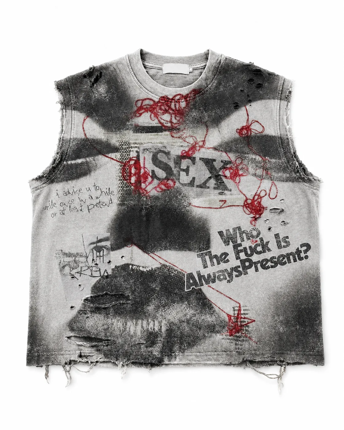 Distressed Sleeveless Tee-Grey/Red