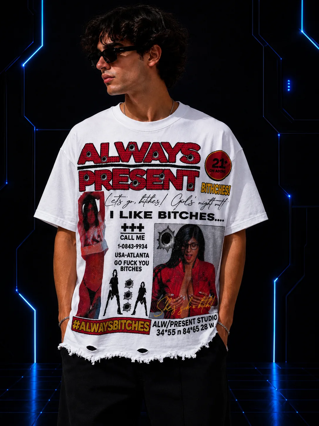 “Bitches” Distressed Tee – White